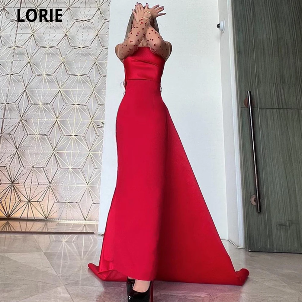 

LORIE Red Mermaid Evening Dresses 2023 Vestidos De Fiesta Boat Neck Long Sleeves With Beaded Crystals Formal Gowns Evening Gowns