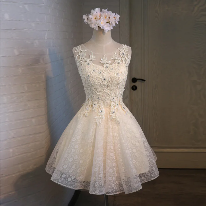 Elegant Ivory Lace Beaded Short Prom Dress Sheer Neck A-Line Tulle Homecoming Gown for Wedding Guest Cocktail Party Teens
