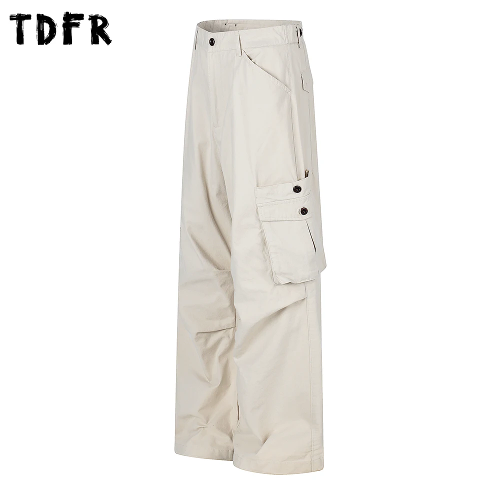 Multi-Pocket Cargo Pants Mens Pleated Solid Color Retro Casual Straight Wide Leg Baggy Trousers Man
