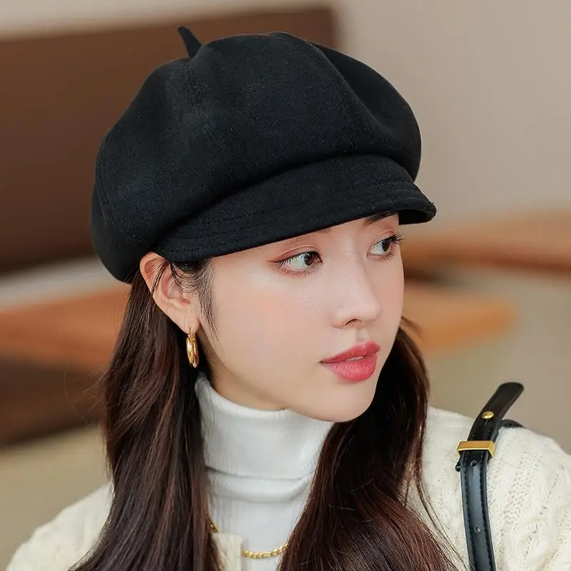 Solid color octagon woman autumn and winter beret Korean version of everything British retro hat woman