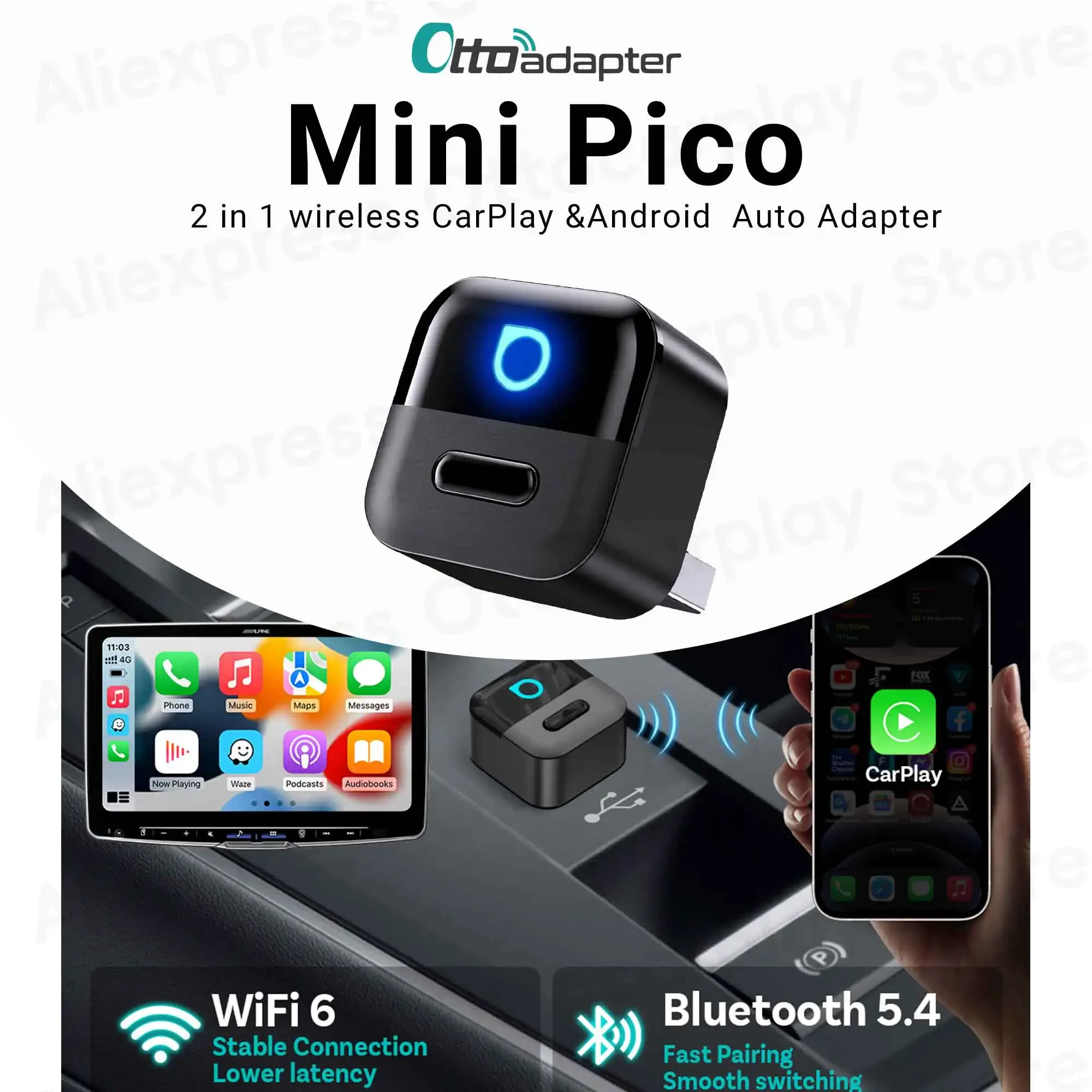 Ottocast 2-in-1 Mini Pico Adapter mit Smart Button Kabelloser CarPlay Android Auto Dongle für iPhone 14 15 16 17 Samsung Telefon