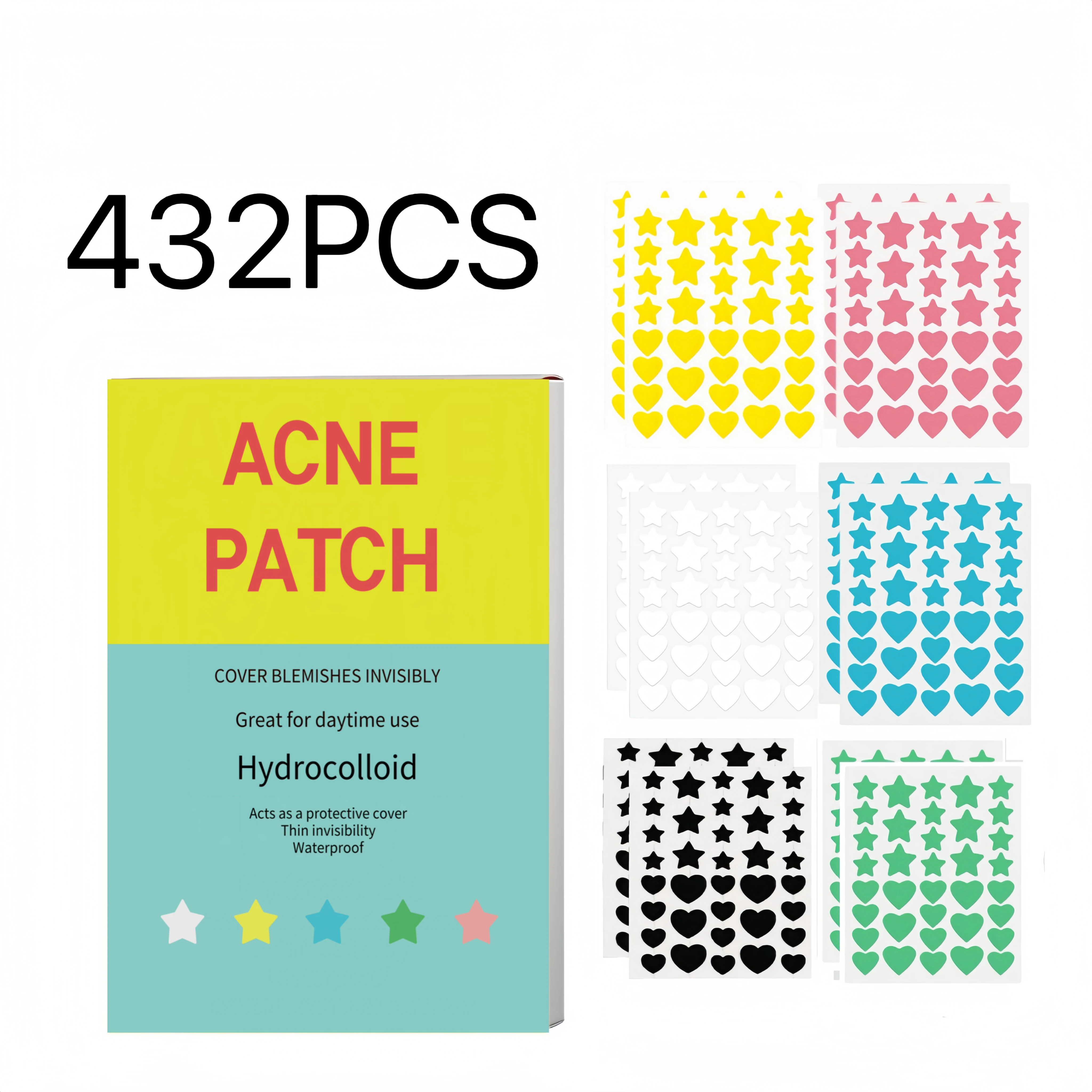 432 Patchs Hydrocolloïdes Mixtes Étoile Cœur pour l'Acné, Imperméables, Ultra Fins, Invisibles, Couvre les Boutons et Imperfections, Soin du Visage