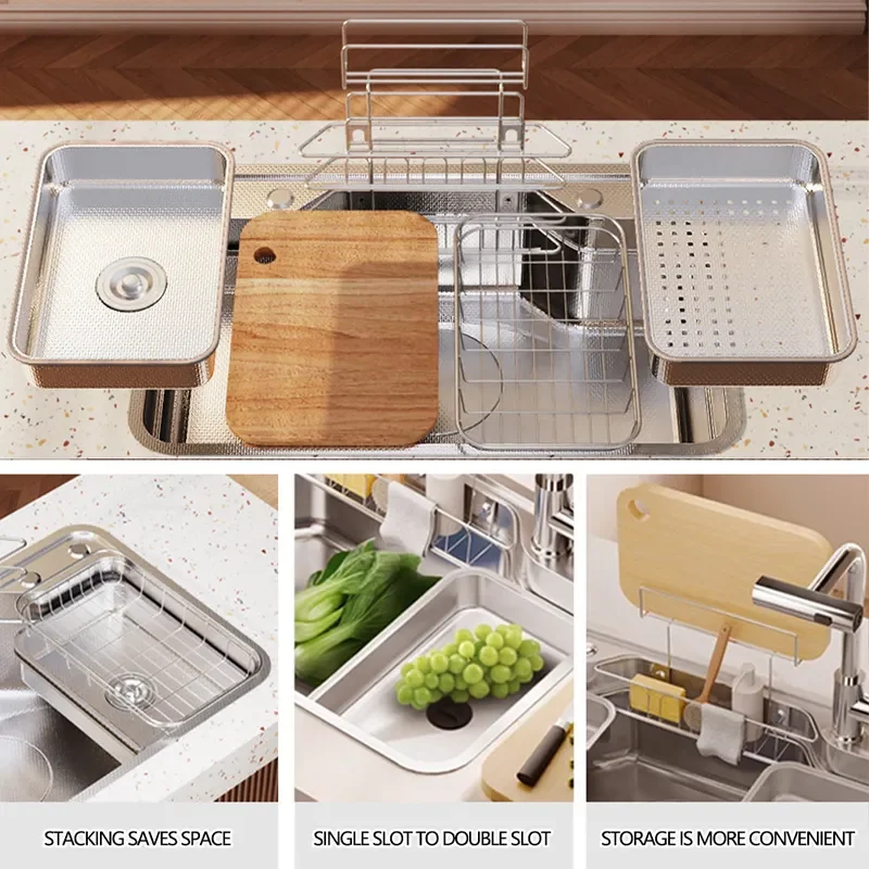 Handmade 201 Stainless Steel Kitchen Sink Counter Mounted Single Bowl Square Polished Wash Basin with Four Hole Faucet Forest