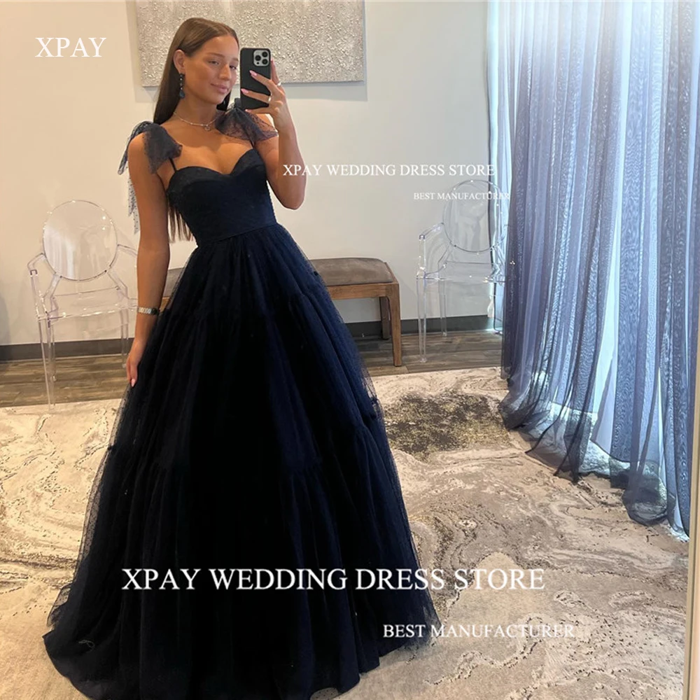 

XPAY Navy Blue Dotted Tulle Long Prom Dresses Spaghetti Straps Bow Pleats Floor Length Evening Gowns Wedding Party Dress 2024