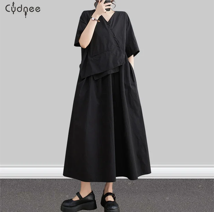 New V-Neck Patchwork Half Sleeves A-Line Long Dress False Two Pieces Asymmetrical Solid Color Summer Office Lady Casual Dress