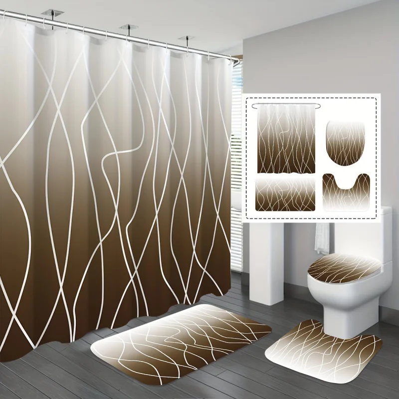 1/3/4PCs brown and white gradient mesh shower curtain set, bathroom set, bathroom rug, U-shaped pad, toilet seat cover pad, wate