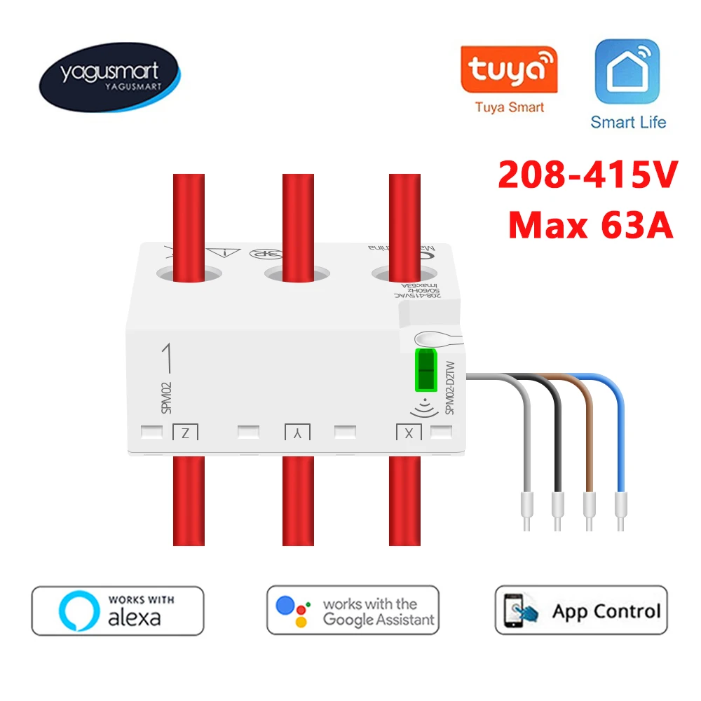 Yagusmart 3 Phase 4 Wire Smart Energy Meter 63A Tuya Zigbee WiFi Power Monitoring Alarm Sensor 208V 415V Smart Life APP Control