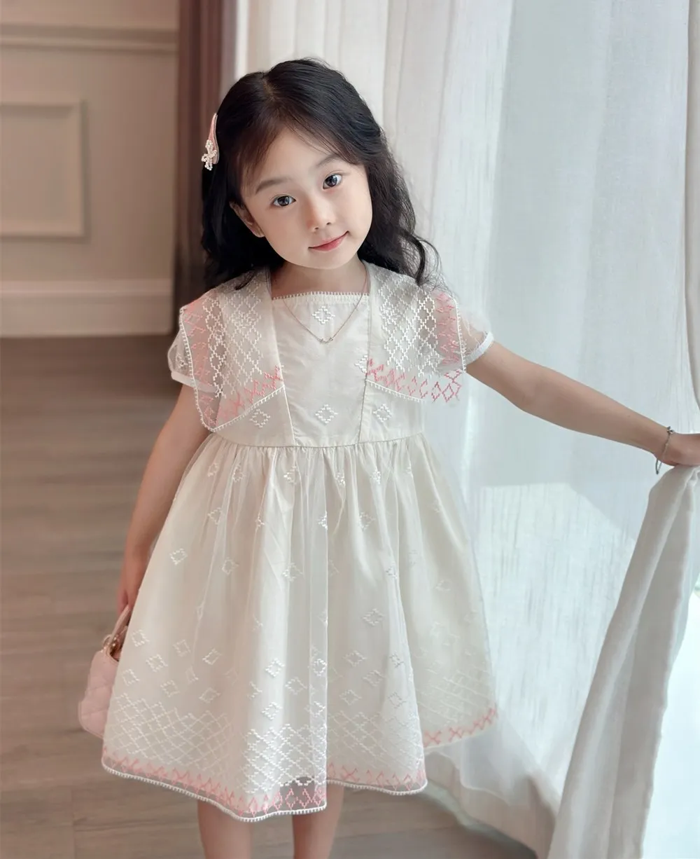 Spring summer girls' dress fashion baby clothes Diamond pattern embroidered high-quality mesh princess dress