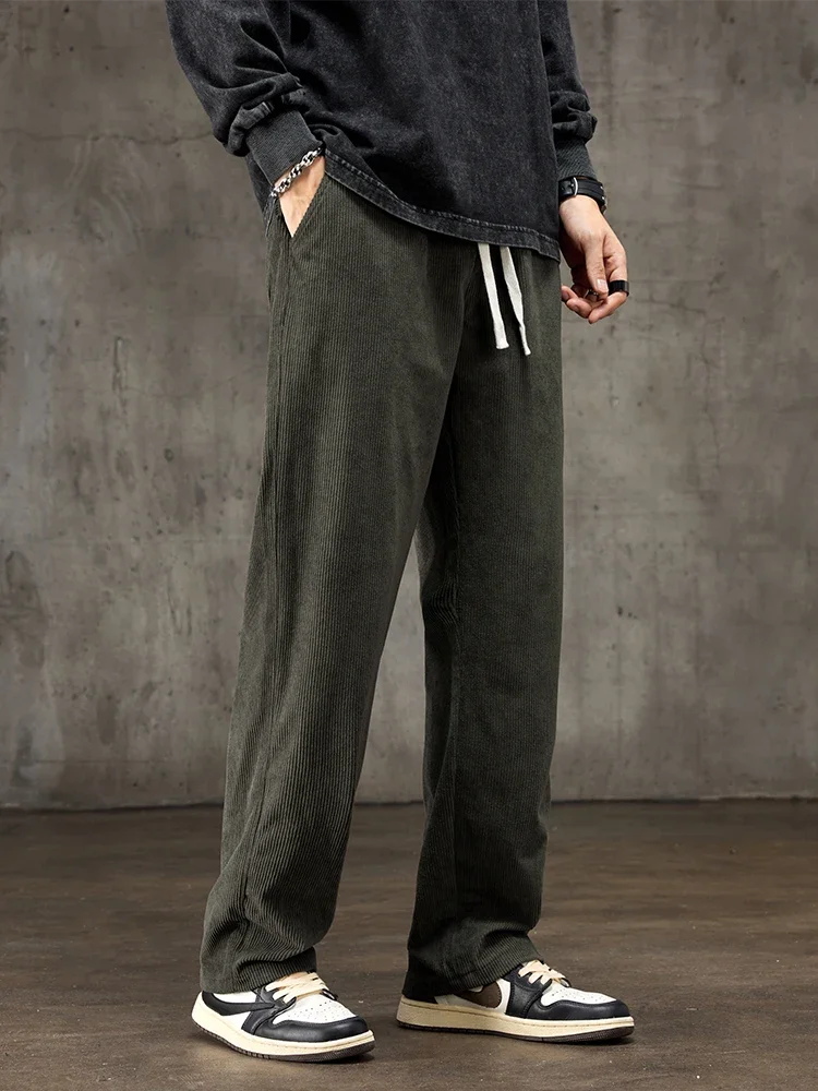 

Pop Autumn New Corduroy Men's Straight Baggy Casual Pants Elastic Waist Drawstring Comfortable Soft Trousers Male Trendy Brand