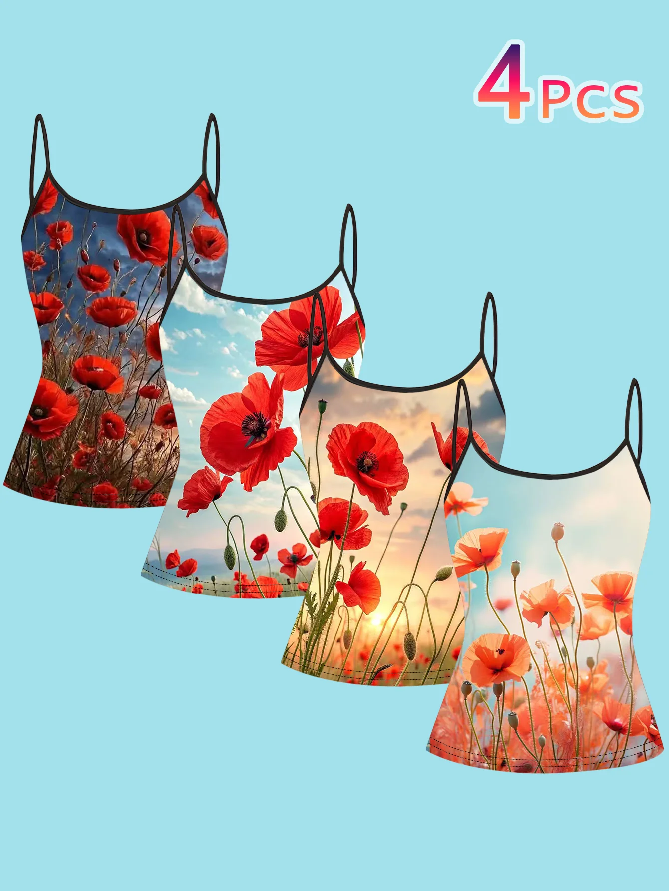 4-Piece Set of Women's Spaghetti Strap Camisoles with Realistic Floral Print of Wild Red Flowers in an Oil Painting Style, Slim-Fit Sleeveless Tops