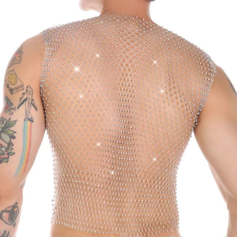 Men's Sexy Sheer Glitter Diamond Fishnet Vest Porn Transparent T-Shirt Stage Club Costume Sex Lingerie Sissy Top Short Sleeves