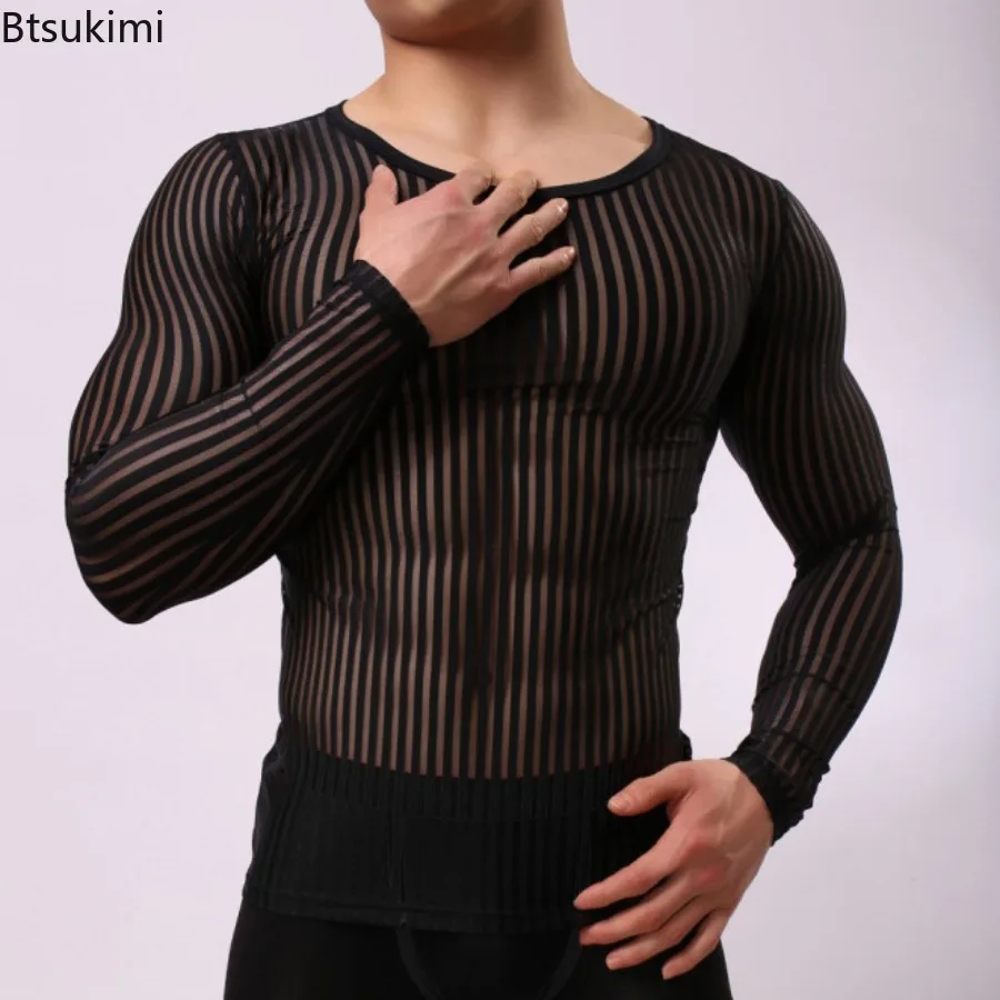 2026 Men's Ultrathin Ice Silk Breathable Mesh T-shirt Sexy See Through Stripe Tight Tees Long Sleeve Sport Gym Clothes Tops Male