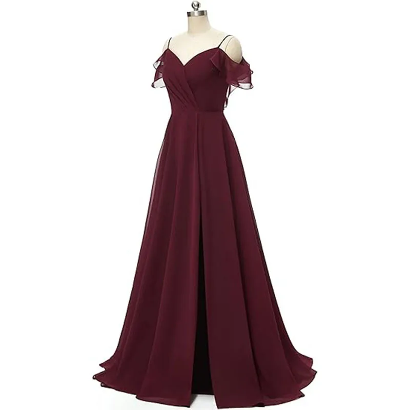 

Sexy Suspenders V-neck Chiffon Graduation Dresses Solid Color Off The Shoulder Bridesmaid Dress Slim Waist A Line Vestido Fiesta