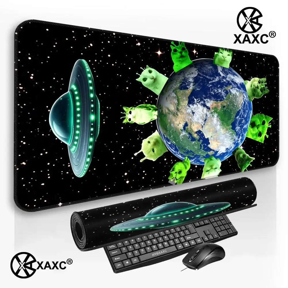 Alien Cat Mouse Pad Green Cat Large Keyboard Mouse Desk Pad XXL Non-Slip Rubber Gaming Mouse Pad Laptop Mouse Carpet HYBXXC