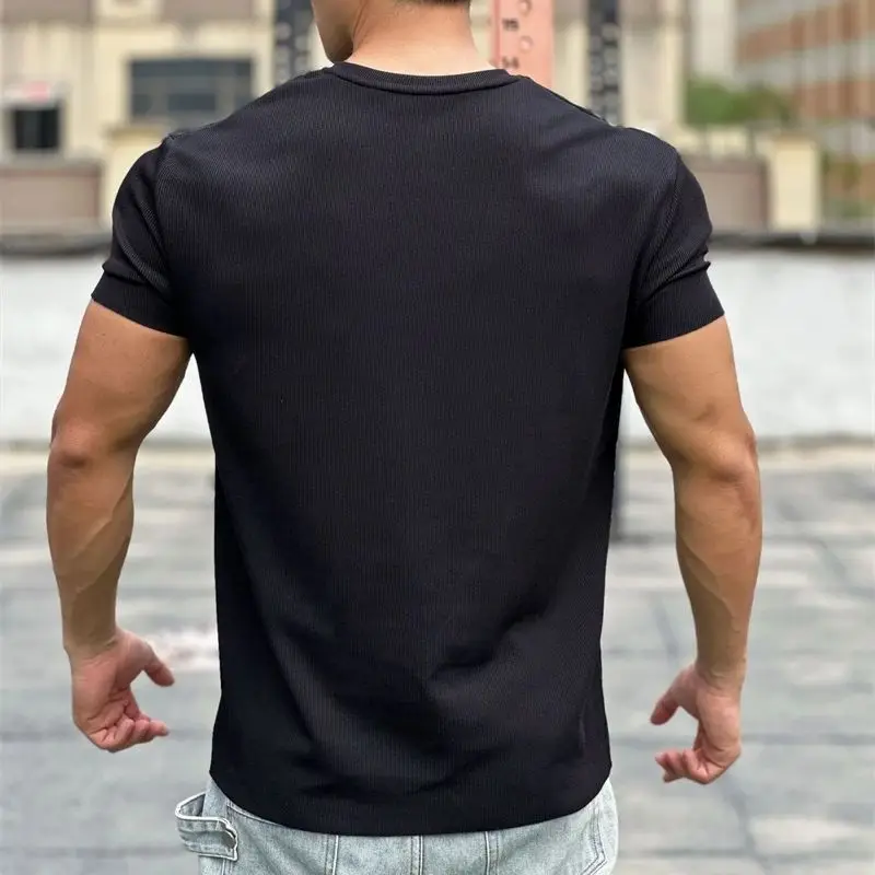 Gym loose men's sportswear V-neck short-sleeved T-shirt top vertical grain solid color casual men's wear