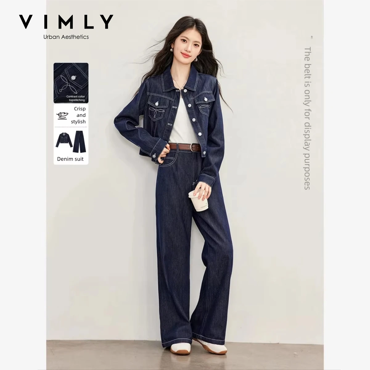 VIMLY Fashion Casual Denim Set for Women 2026 Autumn Collared Long Sleeve Jacket Wide-leg Baggy Pants Two-piece Set Female 31835