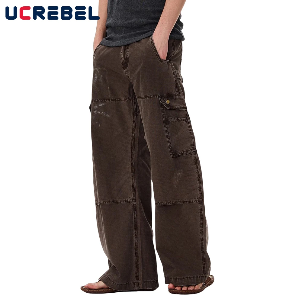 Celana Kargo Tinta Percikan Retro Celana Kaki Lebar Kaki Lurus Longgar Banyak Saku High Street Pria Celana Panjang Pria