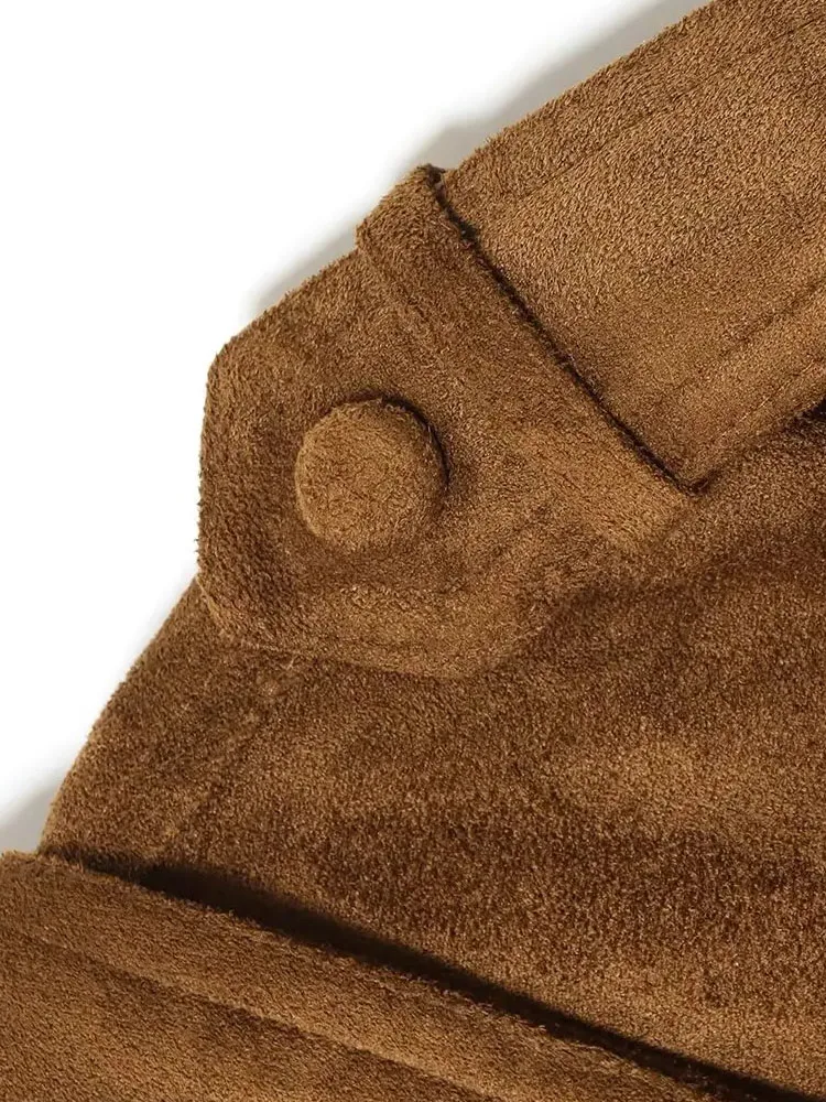 Damska kurtka zamszowa na jesień, uniwersalna, z klapami, długi rękaw, elegancka, w stylu high street, casualowa, z kieszeniami na zamek błyskawiczny, mujer.