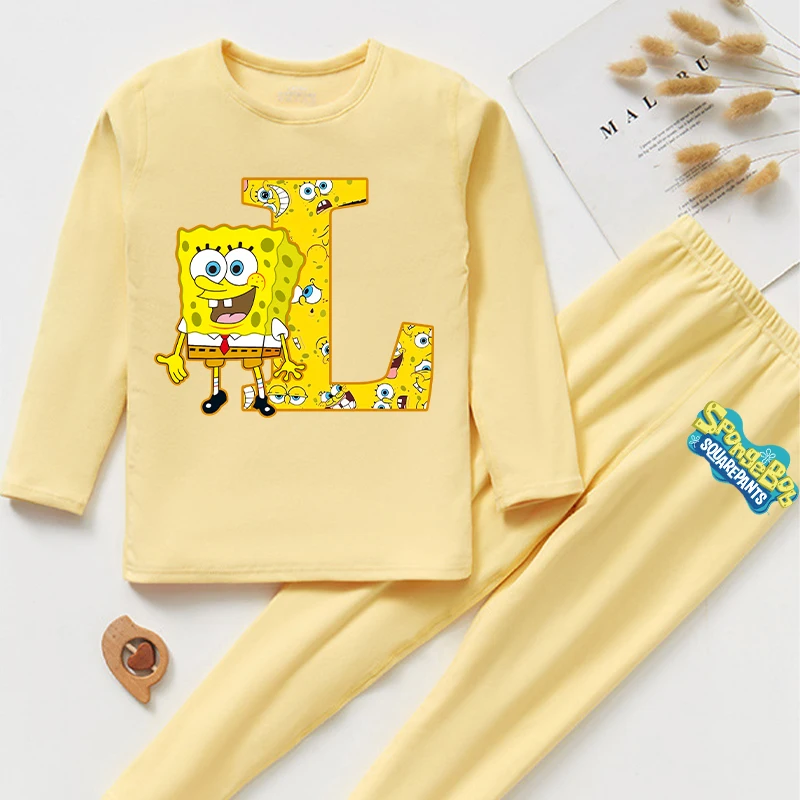 New Spongebob Pajamas for Children Cute Cartoon Letter A-Z Printed Nightgown Boys Girls Loungewear Autumn Children\'s Clothing