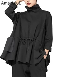 Amax luluE Spring Luxury Korean Fashion Vintage Ladies Black T-shirt Turtleneck Tops Cotton Casual Womens Long Sleeve Tee Shirts
