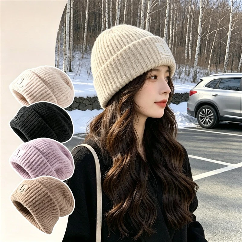 Oversized Chunky Knit Slouchy Beanie for Women Fall Winter Warm Earflap Skull Cap Solid Color Face Slimming Loose Knit Hat