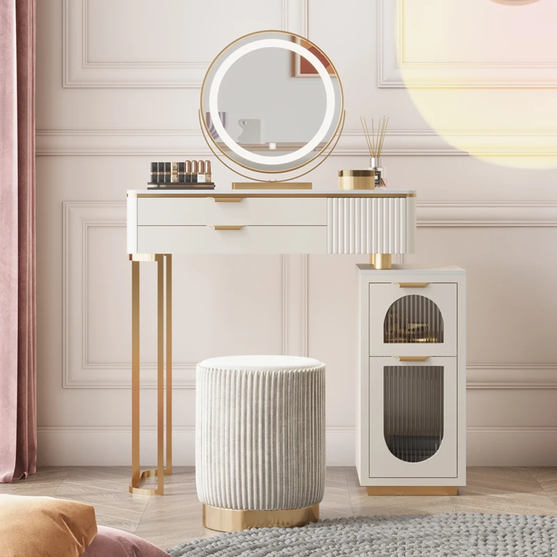 Luxury Nordic Wood Vanity Table Storage Mirror Women Girls Make Up Vanity Desk Unique White Schminktisch Bedroom Furniture