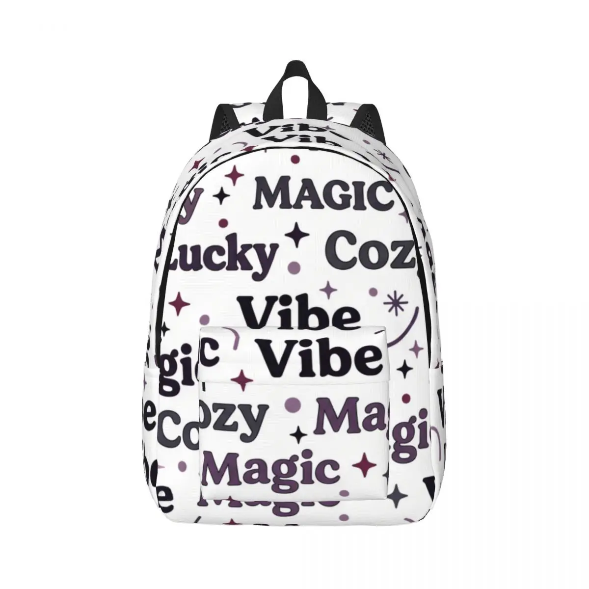 Lovely Casual Backpack Allover Vibe Magic Words Cute Kawaii Black White Edgy Daypack for School Work Weekend Outfit Girls Kids