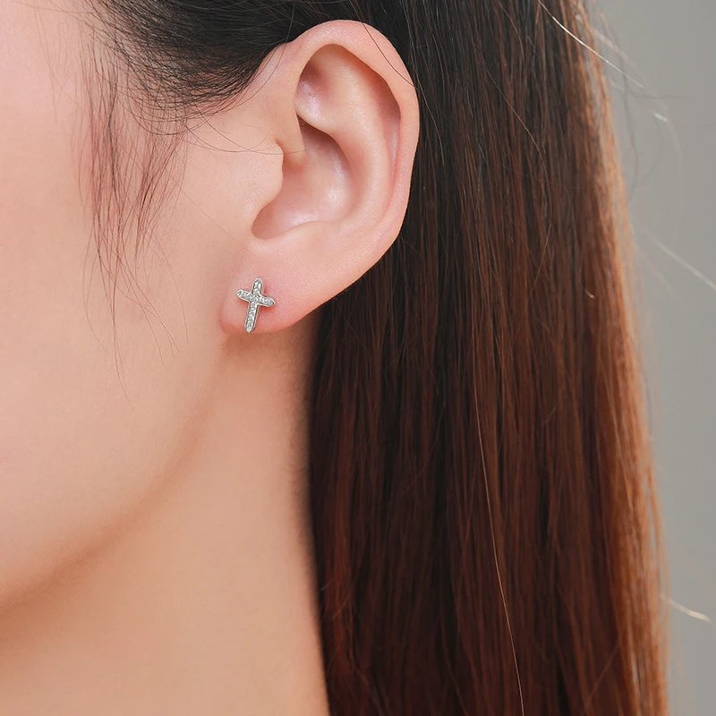 Ailmay Charm Cross Dazzling Clear Zircon Stud Earrings Solid 925 Sterling Silver Classic Earring For Fine Female Fashion Jewelry