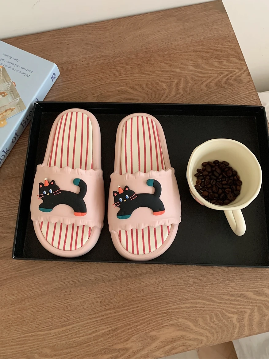 Thin Student Casual Home Slippers Women Fun Black Kitten Summer Outer Wear Color Matching Stripe Slippers