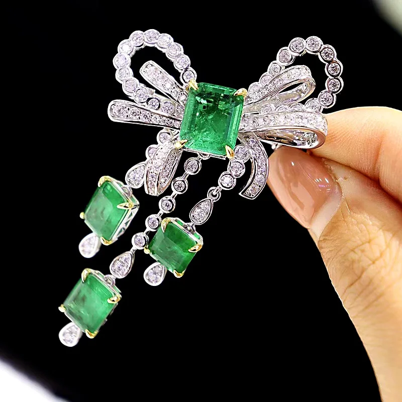 ZOCA Luxury S925 Sterling Silver Emerald Green Bow Brooches Women's Gift Quality Zircon Fine Jewelry Party Birthday Gift