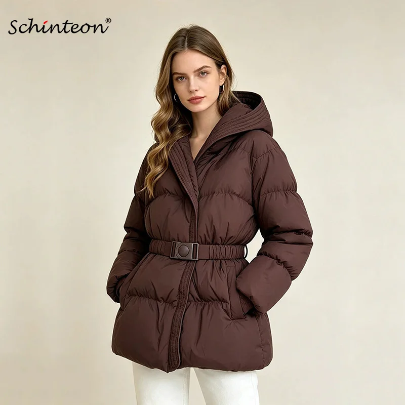 Schinteon Women White Down Jacket with Hood Solid Color Fashionable Autumn Winter Warm Outwear Parka Belt 2026 New Real Pictures