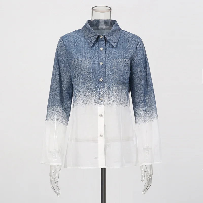 ZAMOR HIGH STREET 2026 New Gradient Denim Shirt and High-Waist Flare Pants Two-Piece Set Women Casual