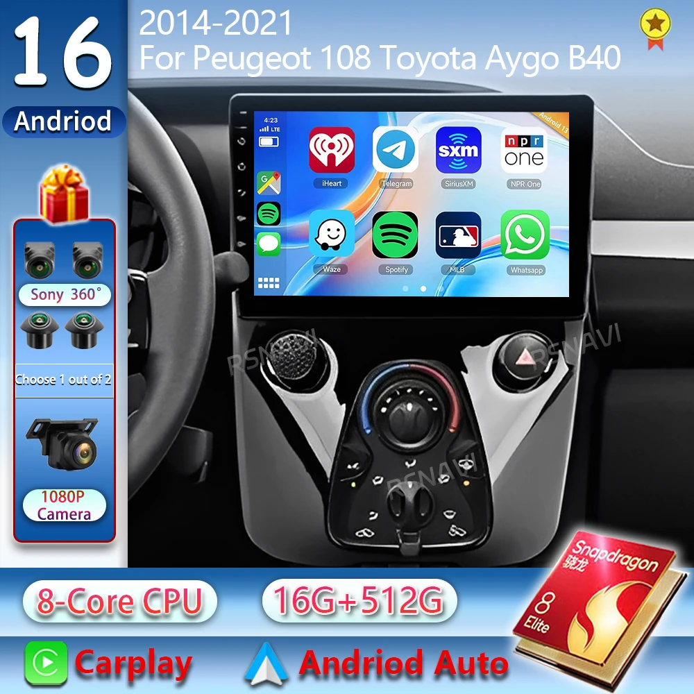 Android 16 For Peugeot 108 Toyota Aygo B40 2014 - 2021 2K QLED Stereo Car Radio Multimedia Video Player GPS 4G CarPlay