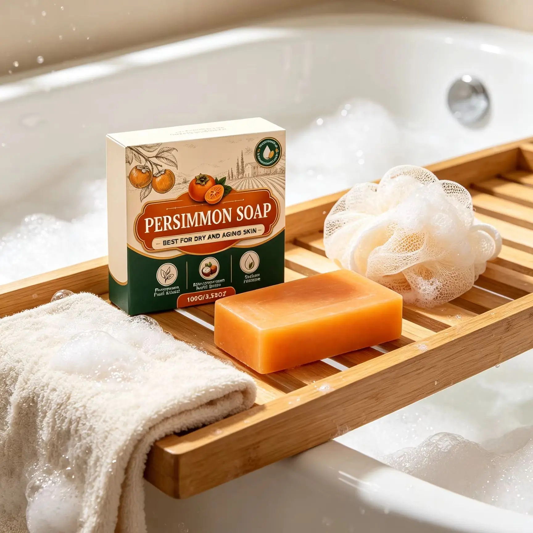 Persimmon Soap Body Odor Removal Improve Dryness Refresh Rich Foam Natural Shea Butter Smooth Body Cleaning Bath Soap Bar 100g