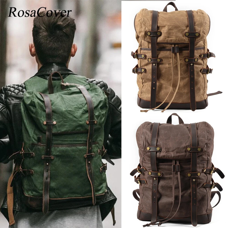 

15.6 inch Laptop Backpack Vintage Large Capacity Oil Wax Waterproof Backpack Teenager Canvas Leather Drawstring Mochilas Bag