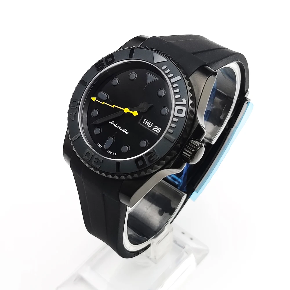 Relógio mecânico automático masculino, caixa PVD preta, vidro de safira, pulseira de borracha, movimento NH36 japonês, 40mm