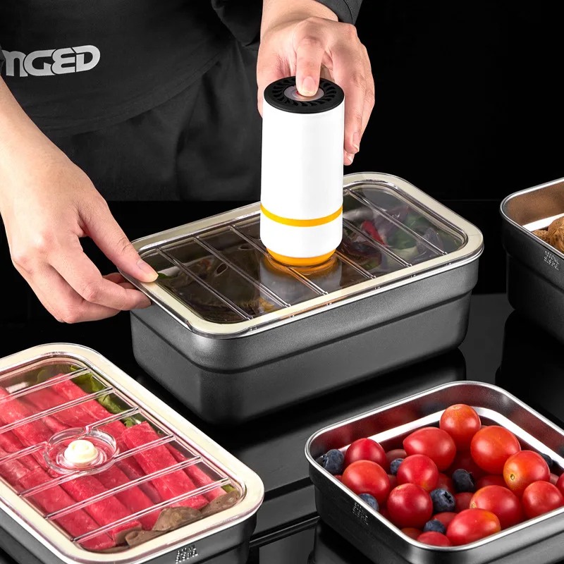 316 Stainless Steel Crisper Vacuum Fresh Box Refrigerator Food Storage Box With Lid Square Sealed Lunch Box Kitchen Organizer