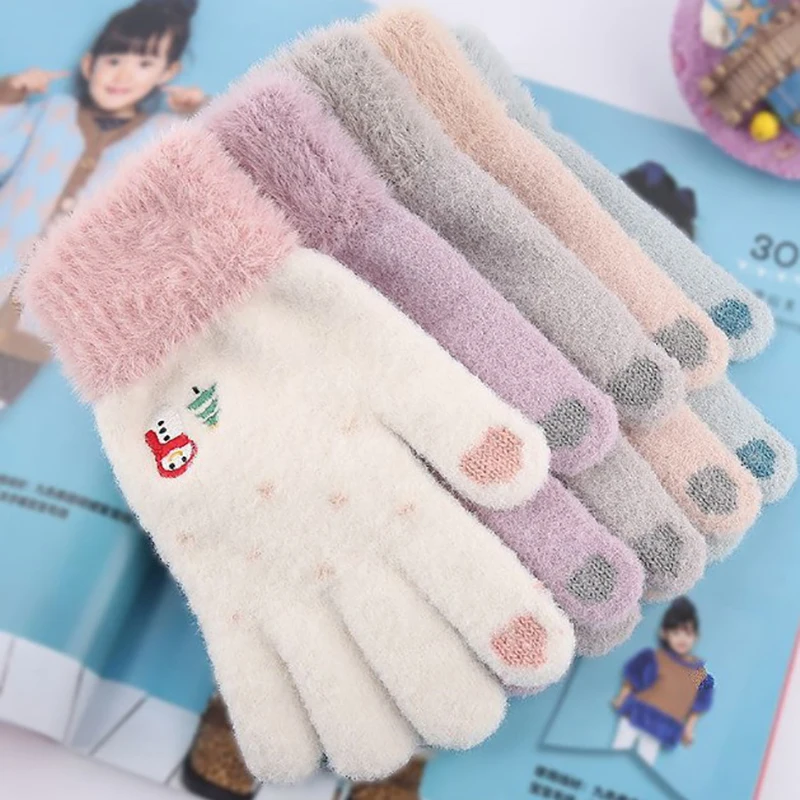 Guantes cálidos de invierno para mujer y niña, manoplas de dedo completo bordadas con muñeco de nieve, guantes de pantalla táctil, mitones de punto suave