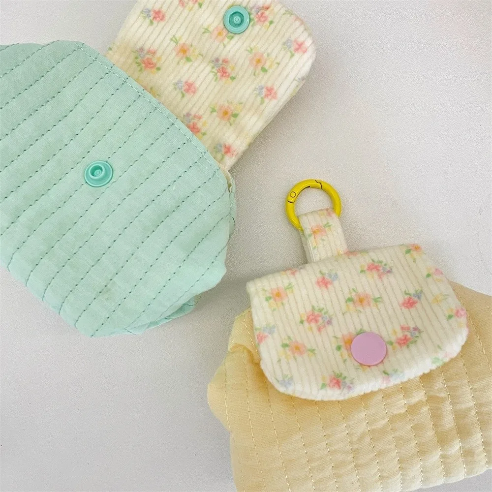 Portable Quilted Earphone Storage Bag Floral Mini Coin Purse Contrast Color Snap Button Key Card Holder for Student Girls