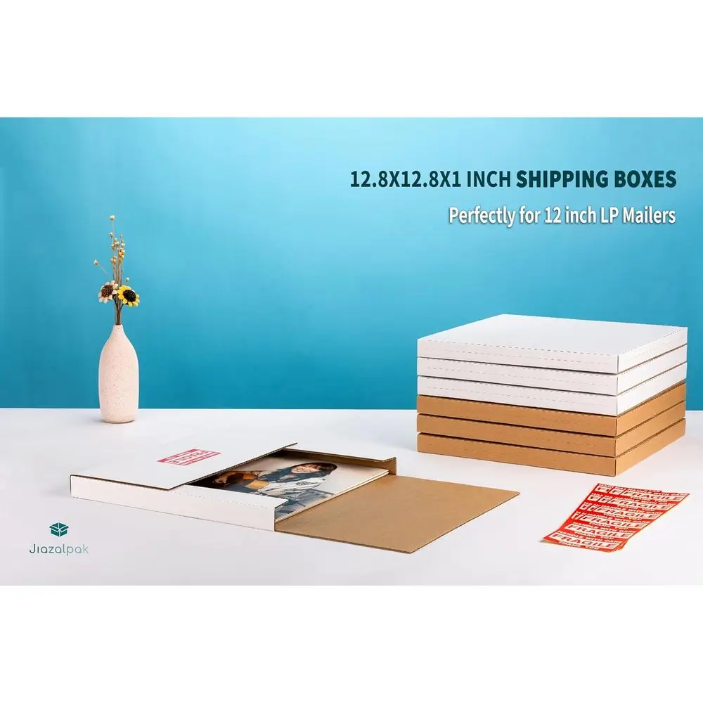 Caixas de Envio para Discos de Vinil de 12 Polegadas, 50 Unidades, 12.8x12.8x1 Polegadas, Envelopes Resistentes de Várias Profundidades com Etiquetas Frágil, Brancas