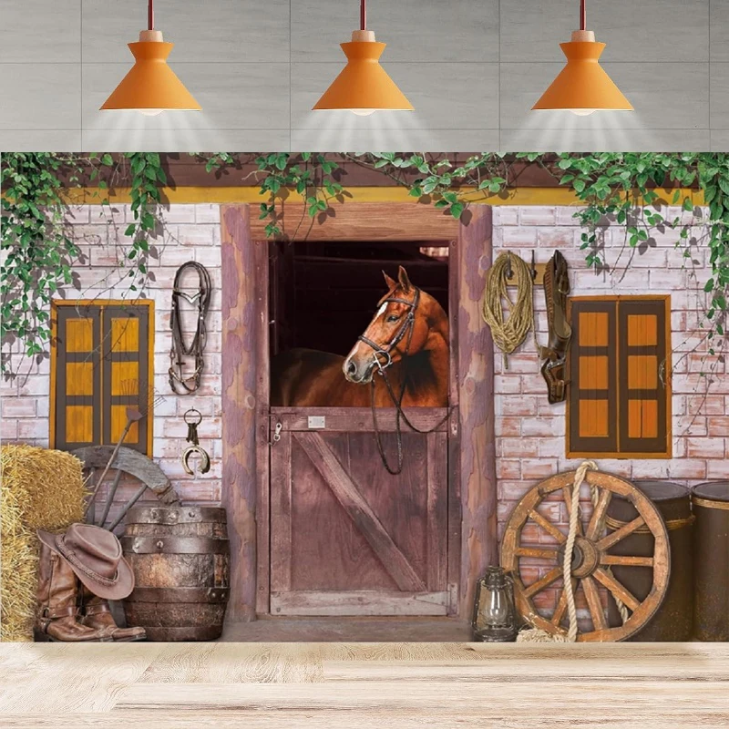 Western Cowboy Photography Backdrop Wild West Birthday Horse Barn Door Old Wood Wheels Background Party Backdrop Wall Banner