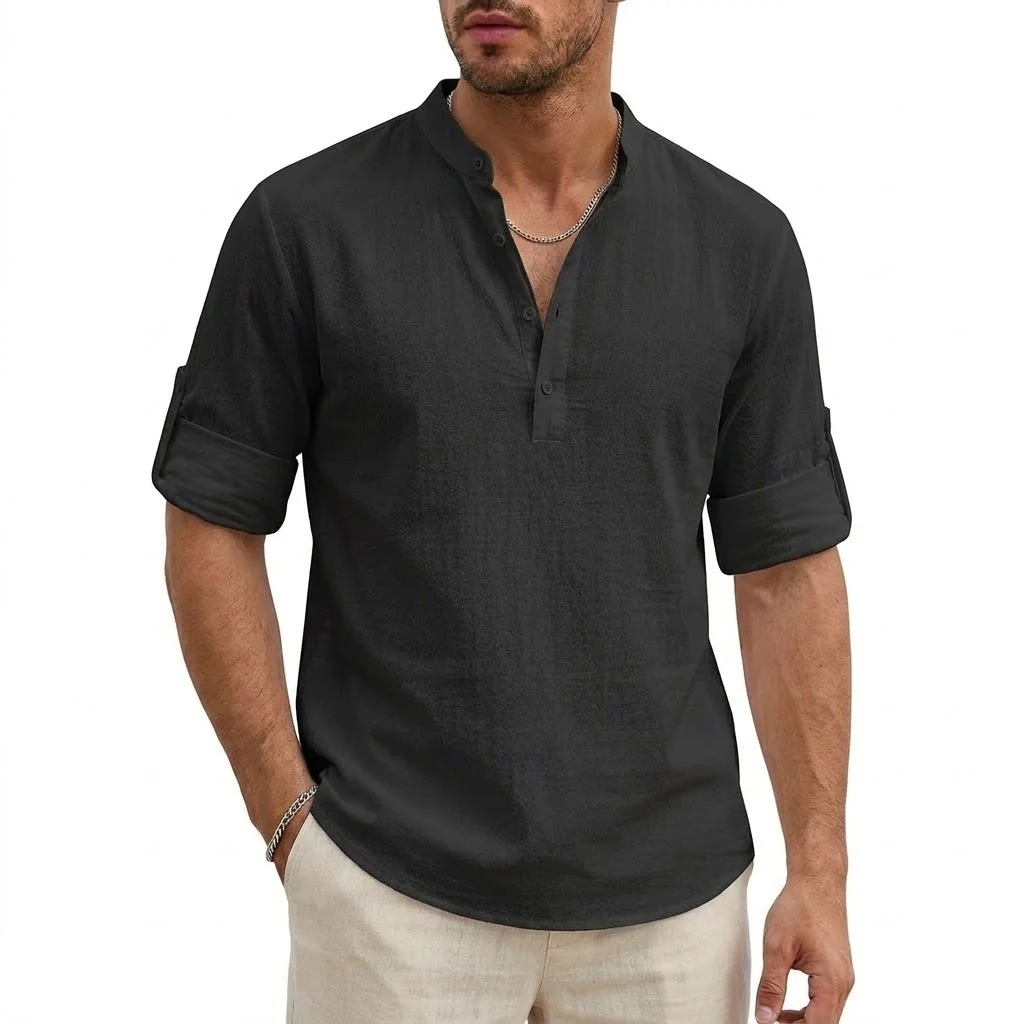 Luxury Mens Cotton Shirts Henley Casual Long Sleeve T-Shirts Beach Hawaiian Summer Linen Shirt for Men Gym Man Casual Tshirts