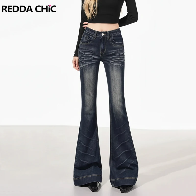 

Джинсы-клеш REDDACHiC в стиле ретро 90-х для женщин, простые, повседневные, с эффектом потертости, зауженные, с высокой талией, из денима, в корейском уличном стиле
