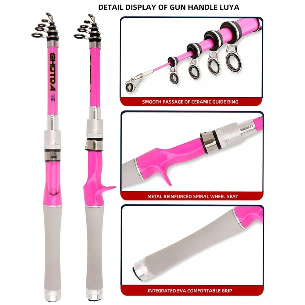 Short Mini Telescopic Fishing Rod Lure Fishing Pink 1.5m 1.8m 2.1m 2.4m Portable Spinning/Casting Jig Rods Travel Carbon Fiber