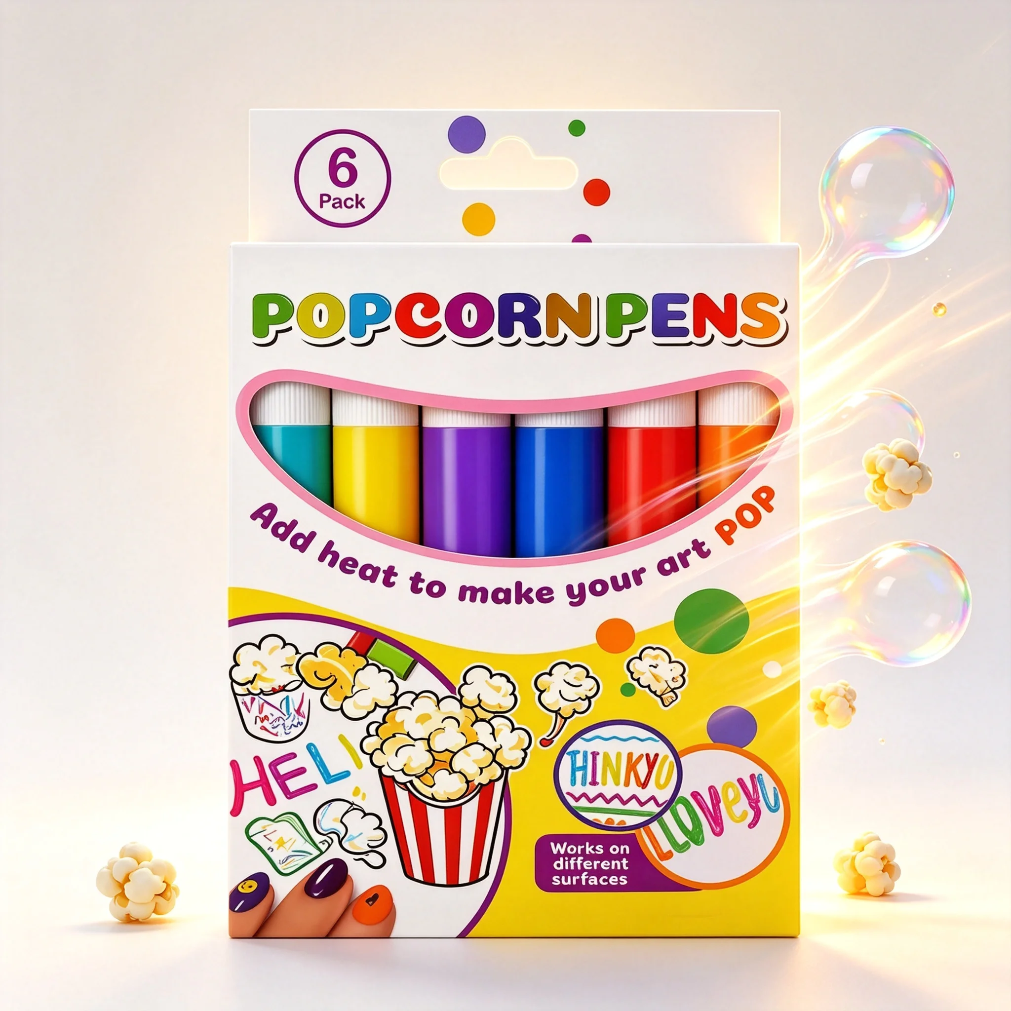 6‑Color Popcorn Pens, 3D Puffy Bubble Markers, Multi‑Color Creative Art, Multi‑Surface Usable, Peel‑Resistant, Smooth Ink