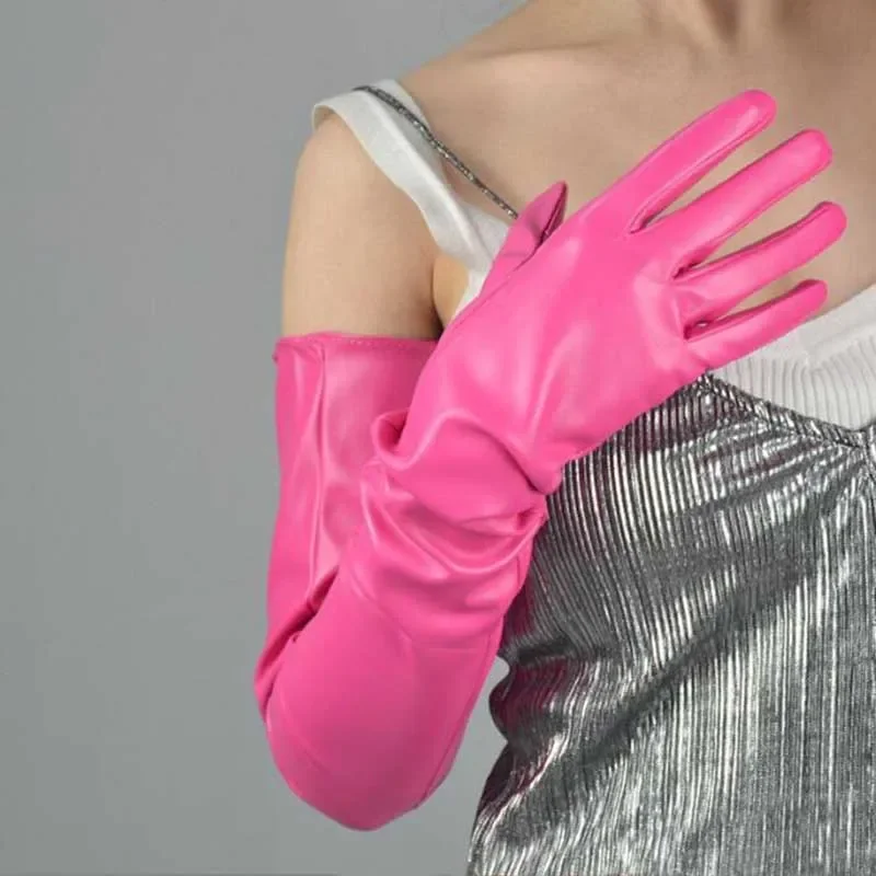 Pink Full finger gloves Touchscreen Leather Extra Long Gloves for Women Girls Sexy Nightclub Fashion Patent Leather Gloves