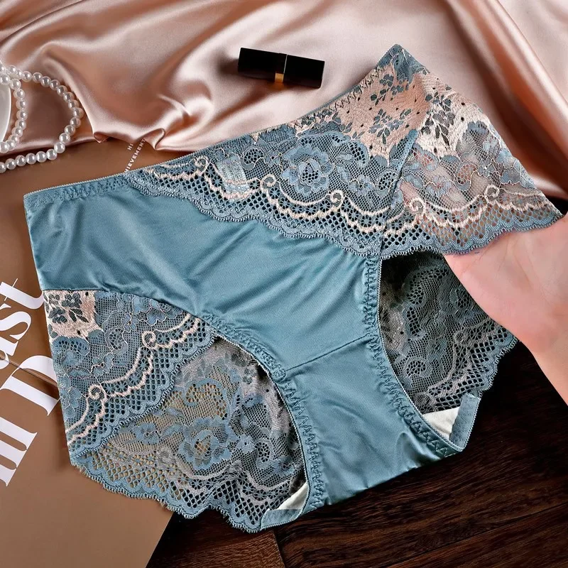 Light luxury lace high-end satin mid-high waisted panties women's cotton crotch New non-marking briefs