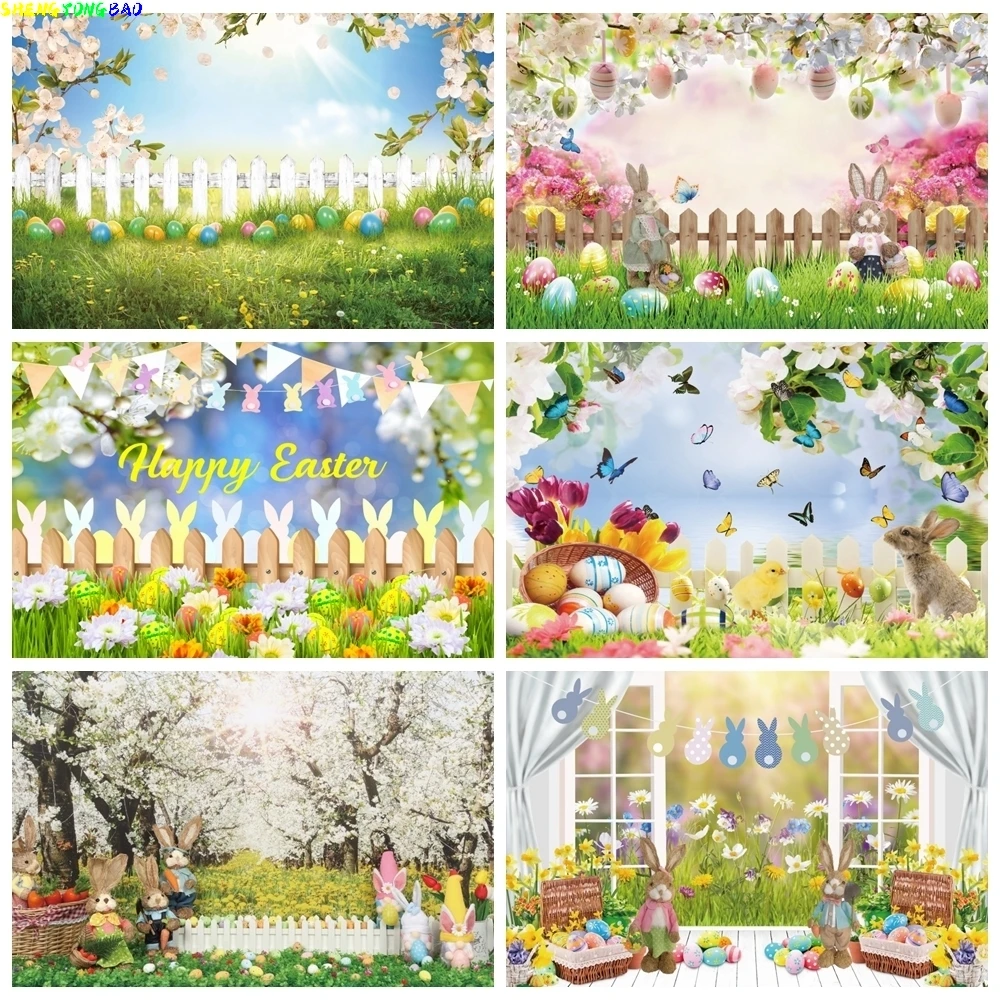 

Easter Backdrop for Photography Spring Garden Green Grass Flower Rabbit Eggs Floral Bunny Easter Baby Portrait Photo Background