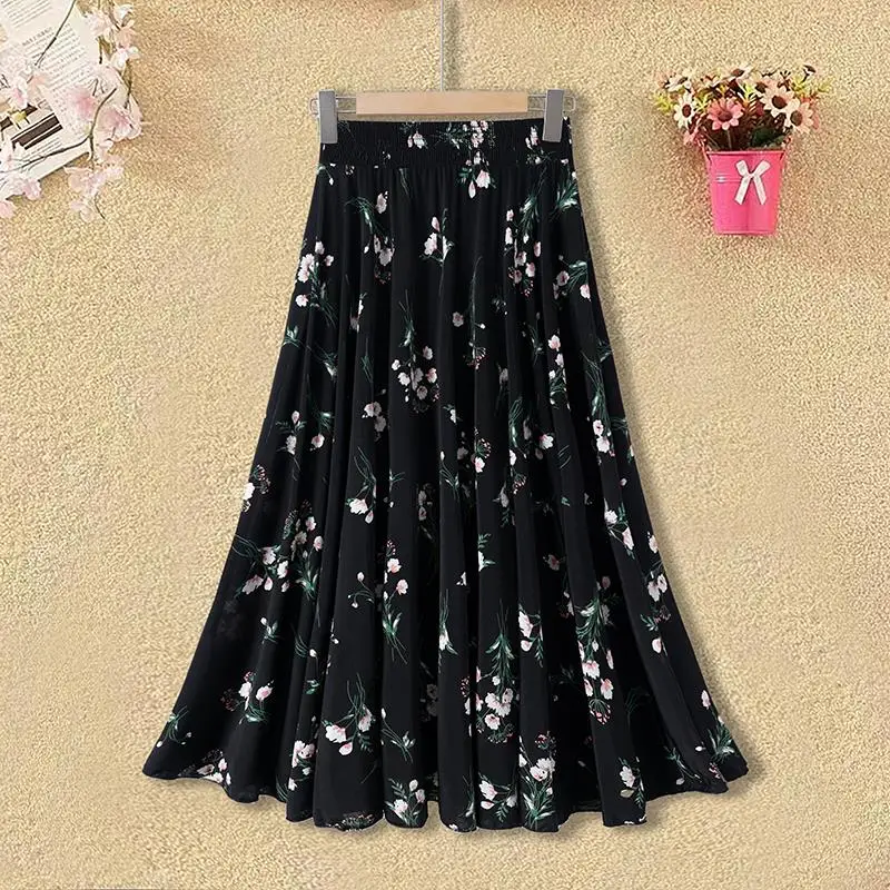 

Summer Floral Print Ice Silk Midi Skirt for Middle-Aged Women Loose Fit High Waist A-Line Skirt Casual Commute Polyester Fiber