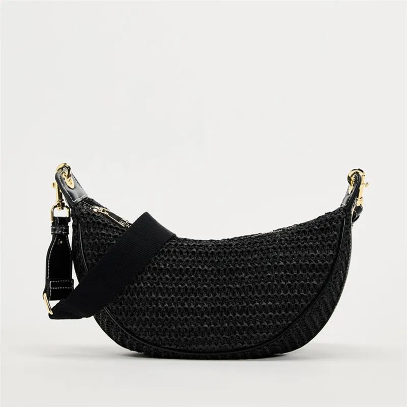 Casualowe Half Moon słomiane torebki designerskie z szerokim paskiem torba na ramię Crossbody modny letni torba na plażę mały torby na telefon 2024